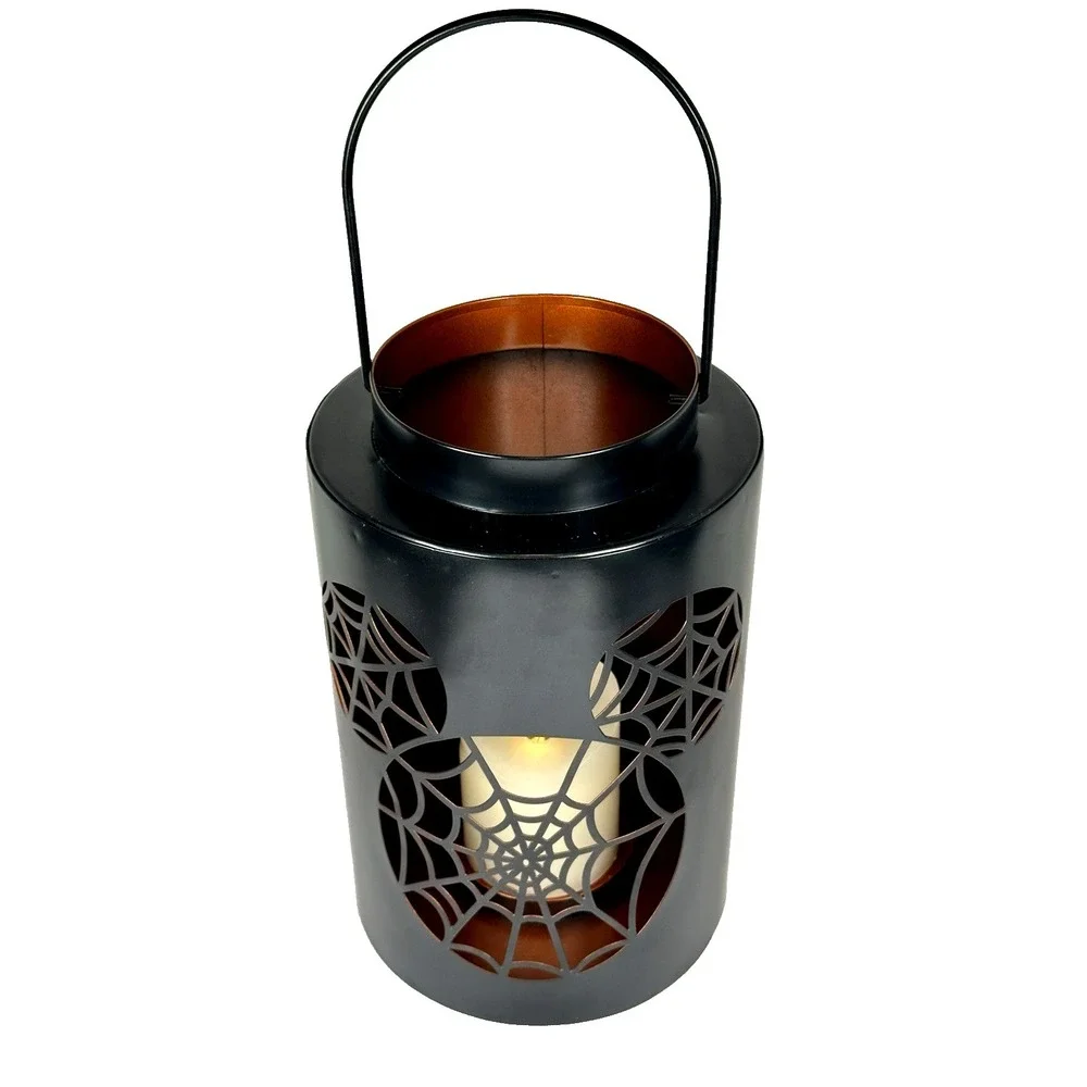 Disney Halloween Metal Lantern Mickey Spiderweb Cutout Black LED Holder NEW